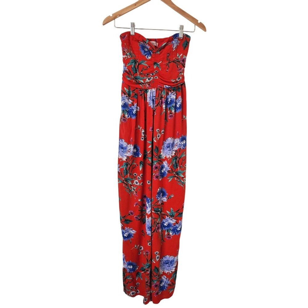 Band Of Gypsies BOG Collective Red Floral Strapless Jumpsuit Summer Boho Flowy - Picture 1 of 13